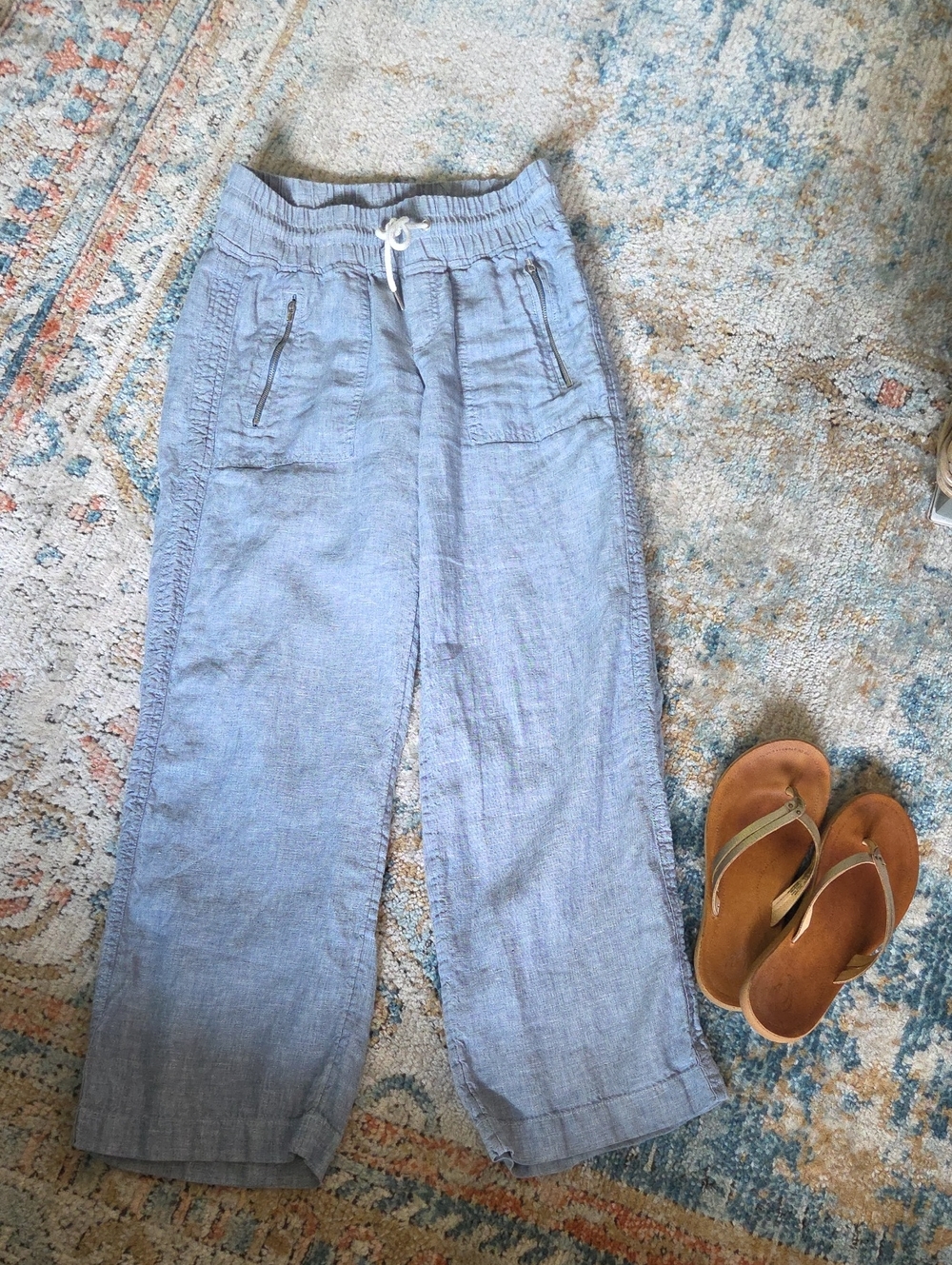 Athleta Cabo Linen Wide Leg Drawstring Pants With Zip Pocket Short Petite Length